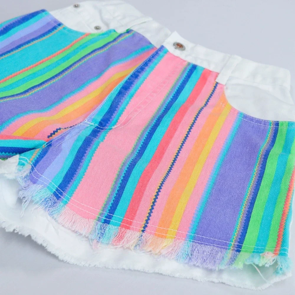 Vintage‎ 90s Steel Jeans Denim Shorts Womens 7 White Rainbow Stripe Fringe USA